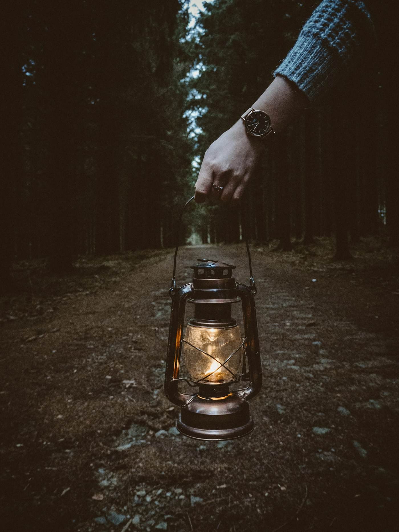 A hand holding a lit lantern on a forest path at night