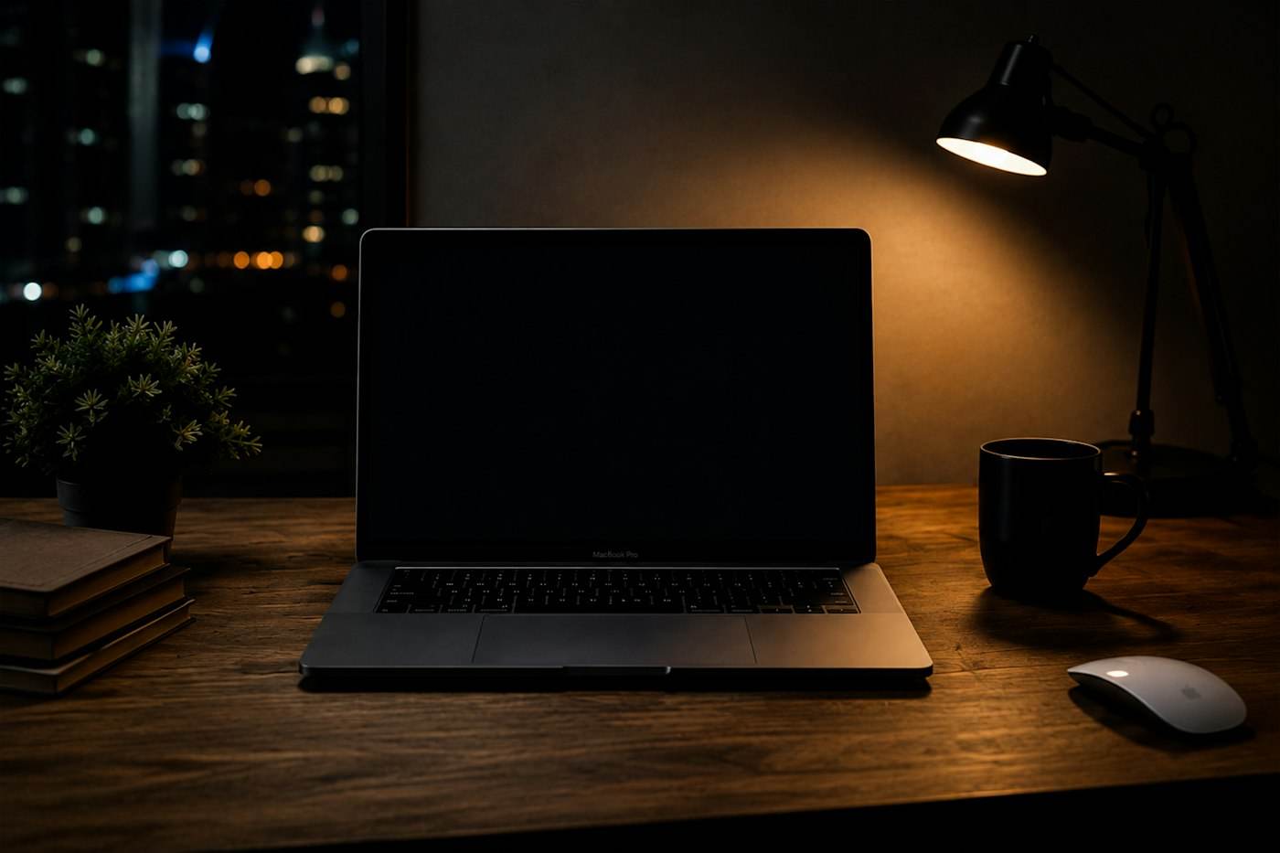 A laptop on a desk at night, lit by a lamp, with a city view behind